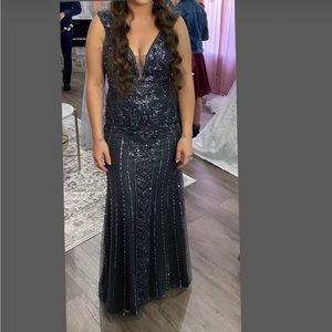 Blue beaded evening gown long dress